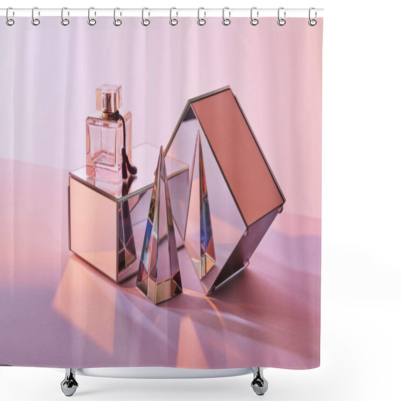 Personality  Crystal Transparent Pyramid Near Perfume Bottle And Mirror Cubes On Pink Background Shower Curtains