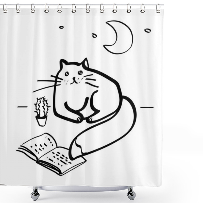 Personality  Hand Drew Doodle Illustration. Clever Cat With A Book And A Cactus Vector Card.   Shower Curtains