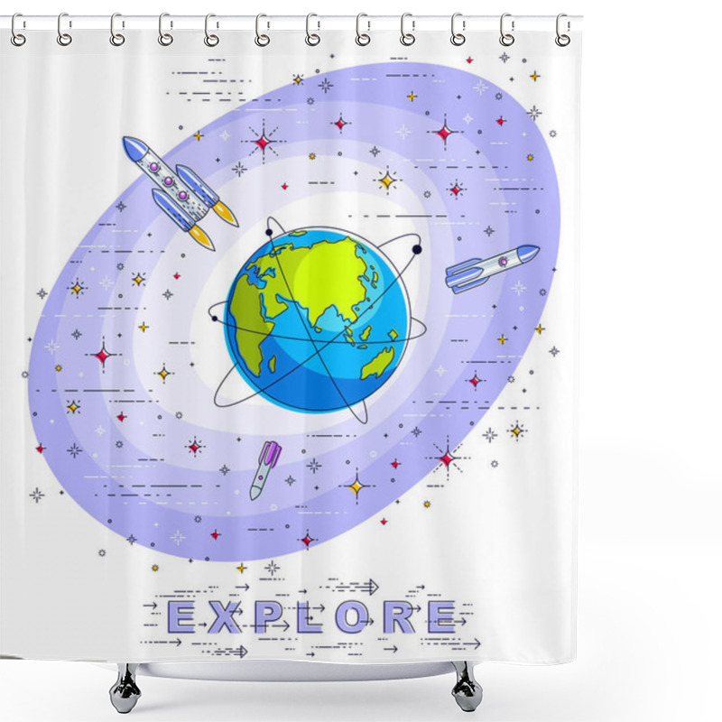 Personality  Small Earth In Endless Space Surrounded By Asteroids, Rockets, Meteors, Stars And Other Elements. Cosmos Science Theme. Thin Line 3d Vector Illustration Isolated On White. Shower Curtains