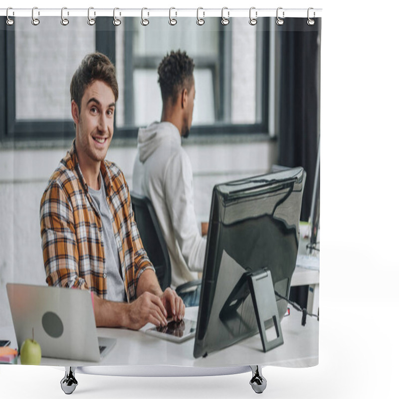 Personality  Cheerful Programmer Smiling At Camera While Sitting Near African American Programmer Shower Curtains