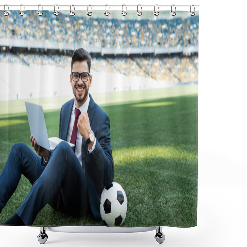 Personality  Smiling Young Businessman In Suit With Laptop And Soccer Ball Sitting On Football Pitch And Showing Yes Gesture At Stadium, Sports Betting Concept Shower Curtains