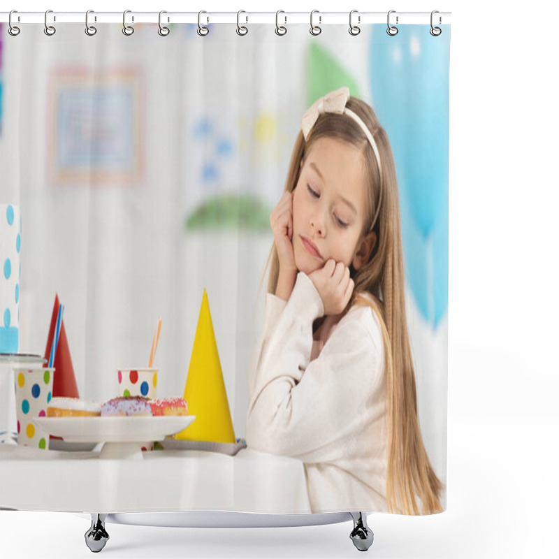 Personality  Upset Kid Sitting At Table With Donuts And Party Caps During Birthday Celebration Shower Curtains