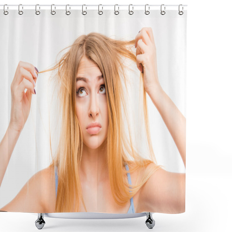 Personality  Sad Girl Looking At Her Damaged Hair Shower Curtains