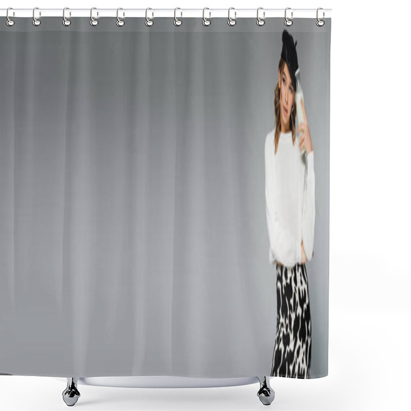 Personality  Young Woman In Beret And Skirt With Cow Print Holding Bottle With Milk Isolated On Grey, Banner Shower Curtains