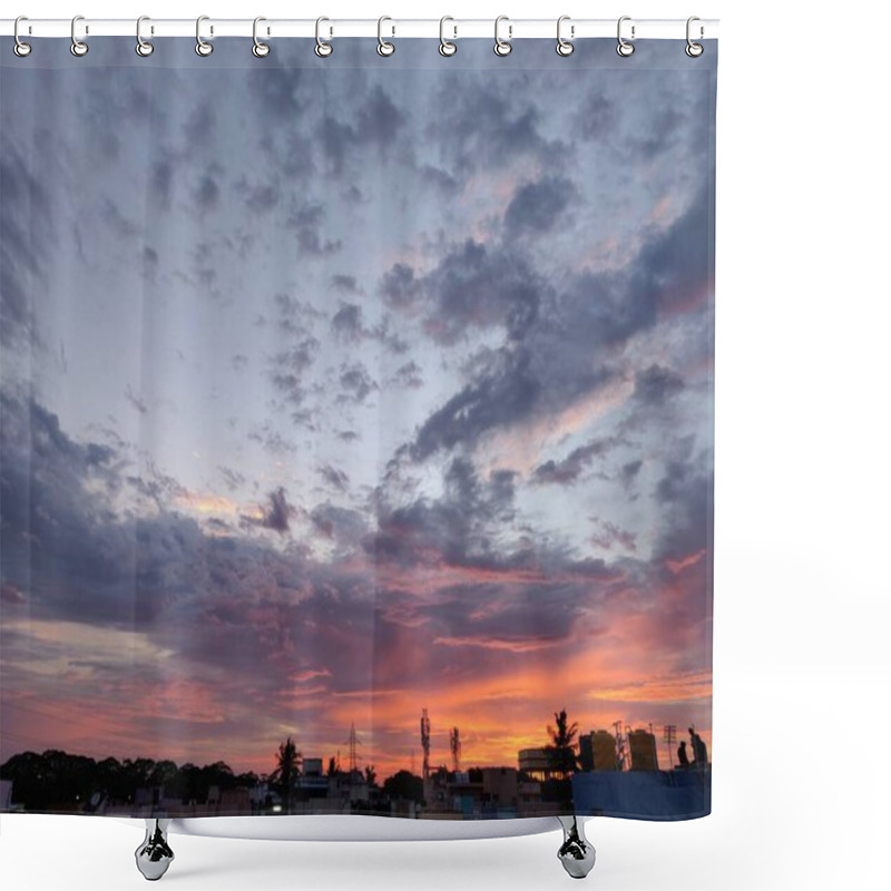 Personality  Stunning Sunset Skyline With Vibrant Orange, Pink, And Purple Hues, Scattered Clouds, And Silhouetted City Rooftops. Perfect For Nature, Urban Landscapes, And Serene Evening Themes. Shower Curtains