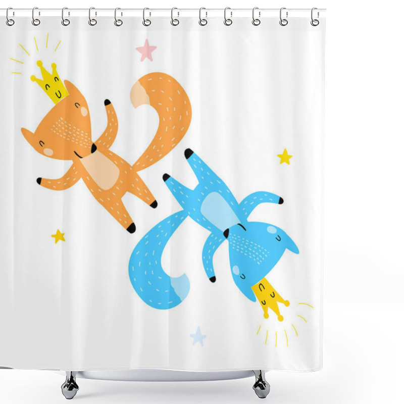 Personality  Hand Drawn Vector Illustration Of Cute Funny Foxes Among Stars. Isolated Objects. Scandinavian Style Flat Design. Concept For Children Print, Website Or App. Happy Red And Blue Foxes With Crowns. Shower Curtains