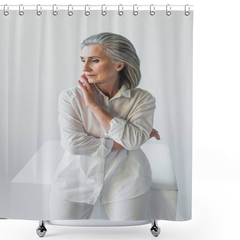 Personality  Mature Woman Looking Away Near Cube Isolated On Grey  Shower Curtains