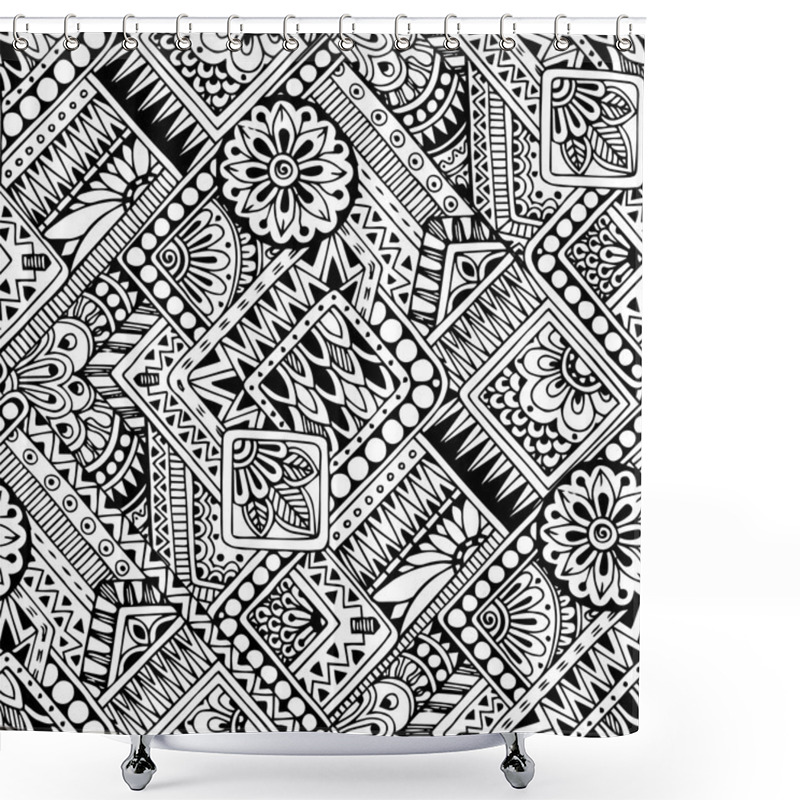 Personality  Seamless Asian Ethnic Floral Retro Doodle Black And White Background Pattern In Vector. Henna Paisley Mehndi Doodles Design Tribal Black And White Pattern. Shower Curtains