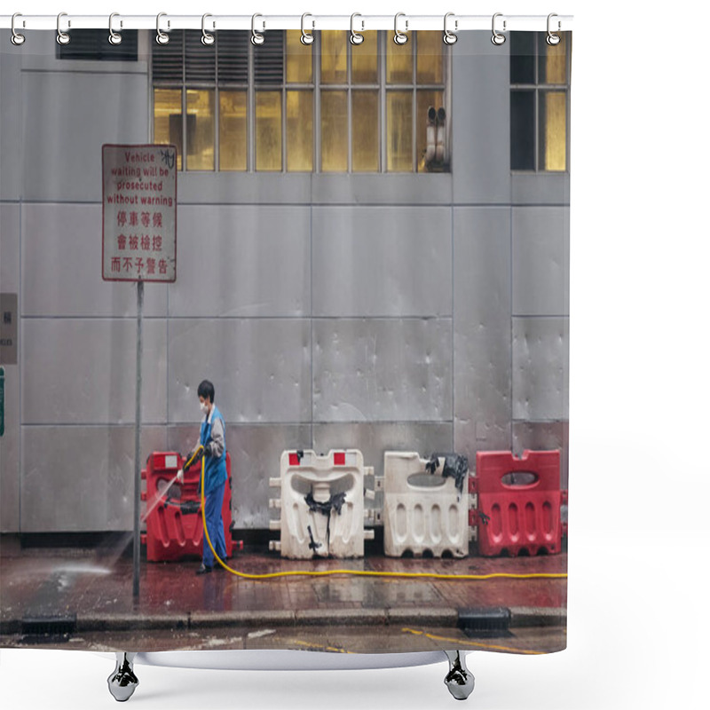 Personality  HONG KONG - MAR 09, 2019 : Road Sweeper Worker Cleaning City Str Shower Curtains