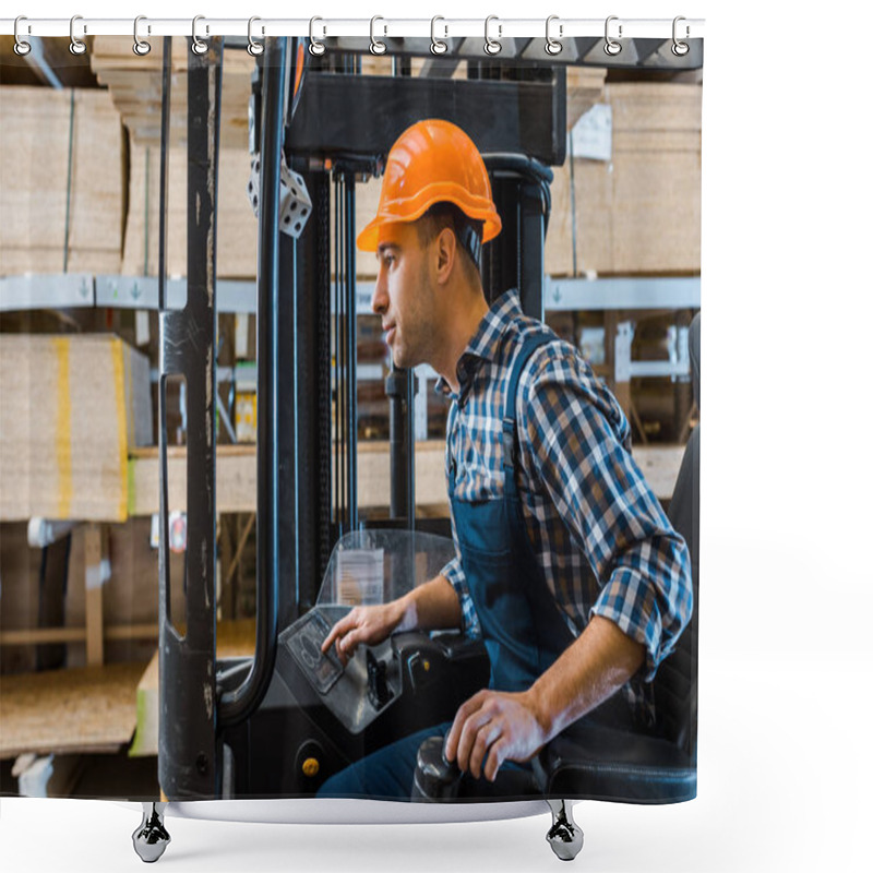 Personality  Concentrated Handsome Worker In Uniform And Helmet Operating Forklift Machine Shower Curtains