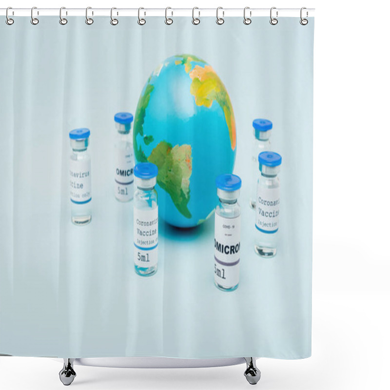 Personality  Covid-19 Omicron Variant Vaccine Bottles Near Globe On Blue Background Shower Curtains