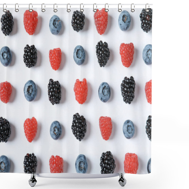 Personality  Composition With Raspberries, Blackberries And Blueberries On White Background Shower Curtains