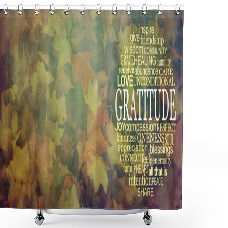 Personality  Words Of Gratitude Thanksgiving Circular Message Banner - An Autumnal Multicoloured Wide Rustic Grunge Leaf Background With GRATITUDE Word Cloud On Right And Copy Space On Left  Shower Curtains