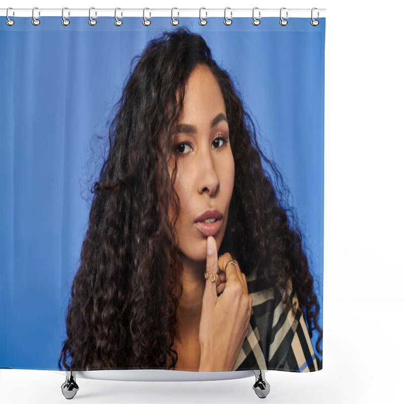 Personality  A Thoughtful Woman Displays Her Unique Style Against A Rich Blue Backdrop. Shower Curtains