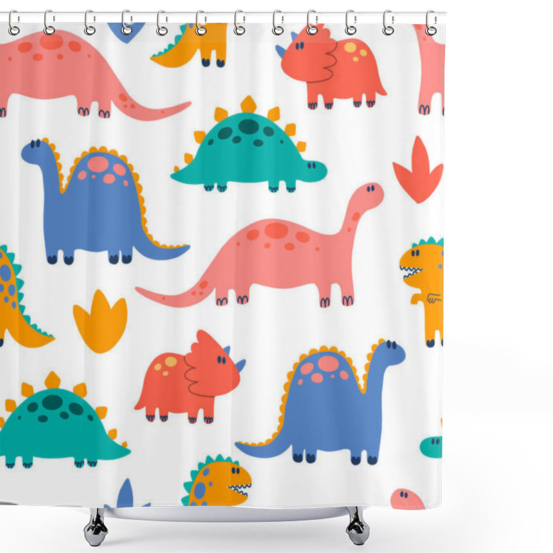 Personality  Dino Pattern. Seamless Pattern With Various Cartoon Dinosaurs. Cute Dinosaur Illustration. Hand Drawn Bright Colored Trendy Vector Illustration. Funny Characters. Cartoon Style. Shower Curtains