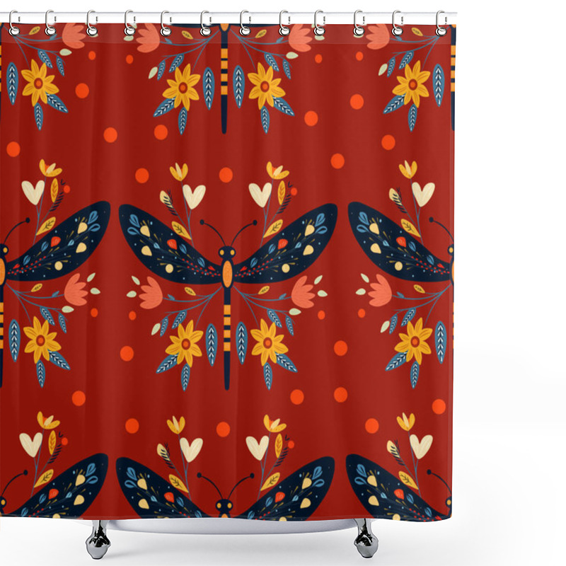 Personality  Whimsical Dragonfly And Floral Seamless Pattern. Decorative Dragonflies With Flowers On Background Shower Curtains