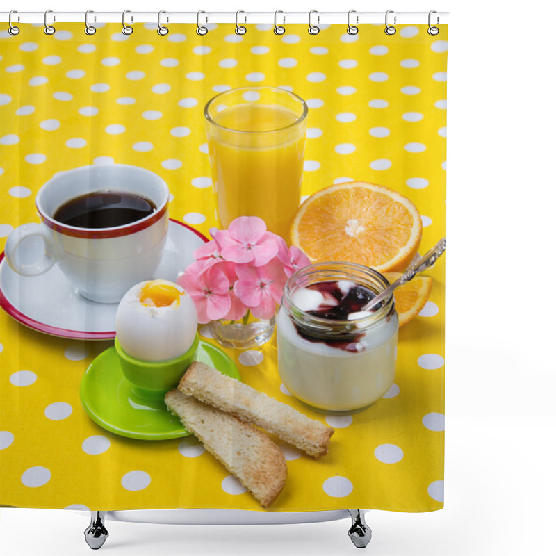 Personality  Breakfast Including Coffee, Toast, Eggs,  Orange Juice, Muesli, Yogurt,  Fruits Shower Curtains