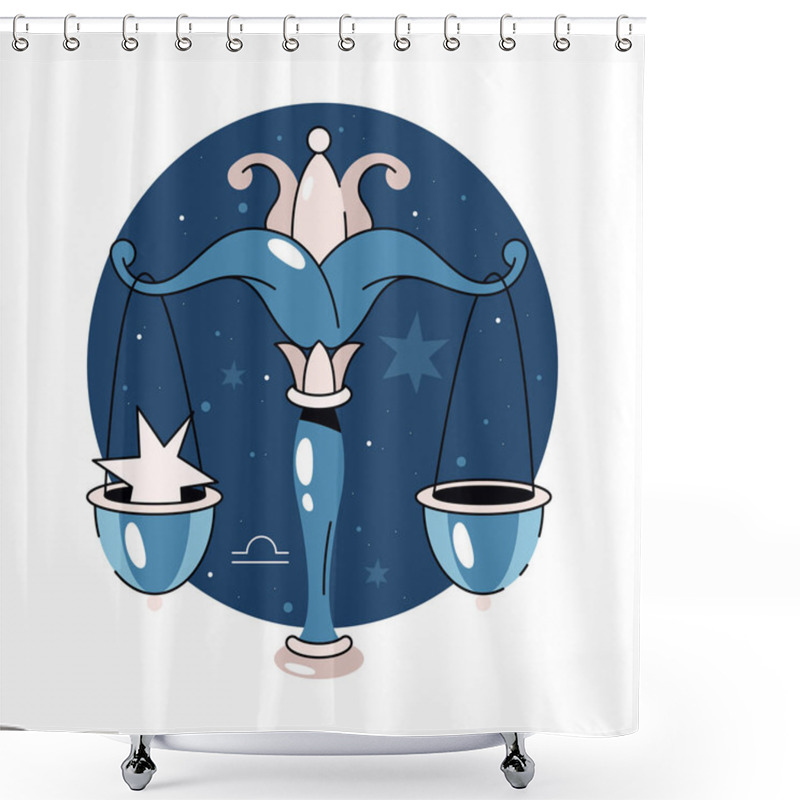 Personality  Libra Sign Or Scales In Space Horoscope Icon. Vector Astrology Badge Or Mythology Constellation Symbol. Lunar Night Card. Esoteric And Spiritual Tattoo. Cosmos And Universe, Galaxy, Celestial Zodiac. Shower Curtains