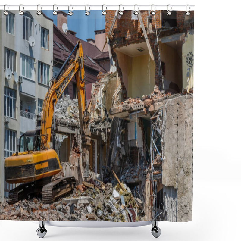 Personality  Uzhhorod, Ukraine - May 23, 2023: Excavator Working On Demolition Of An Old Building In One Of The City Districts. Shower Curtains