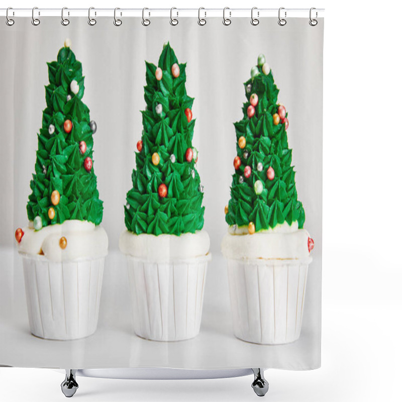 Personality  Delicious Christmas Tree Cupcakes In Row On White Surface Isolated On Grey Shower Curtains