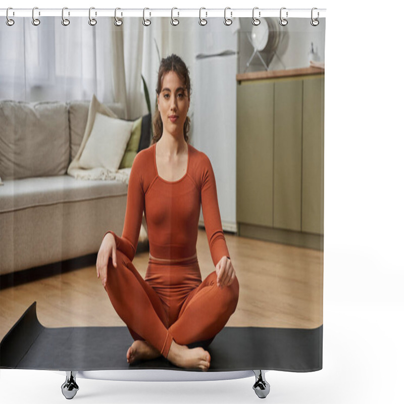 Personality  A Beautiful Young Woman Sits Cross Legged In A Cozy Living Room, Engaging In A Calming Yoga Routine. Shower Curtains