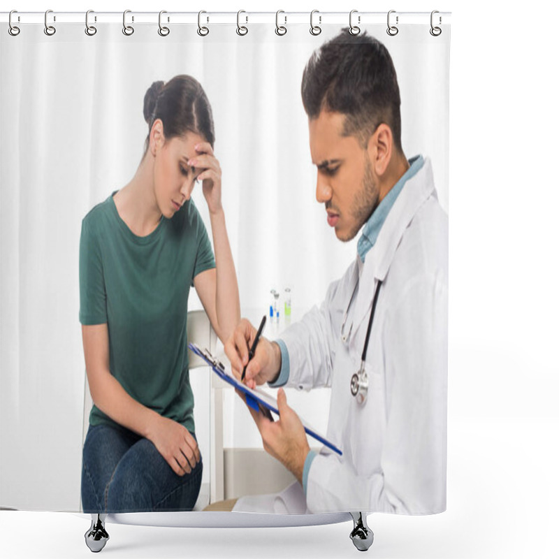 Personality  Doctor Writing On Clipboard Near Sad Patient On Isolated On White Shower Curtains