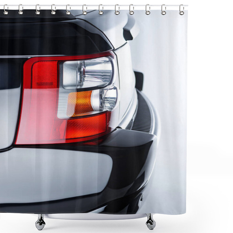 Personality  Close Up View Of Rear Headlight Of Luxury Black Car On Grey Backdrop Shower Curtains