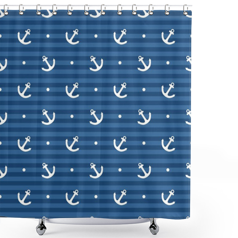 Personality  Tile Sailor Vector Pattern With White Anchor And Polka Dots On Navy Blue Stripes Background Shower Curtains