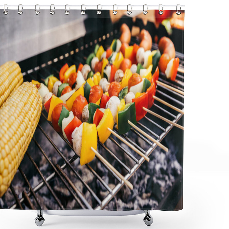 Personality  Sausages And Vegetables On Skewers Grilled For Outdoors Barbecue Shower Curtains