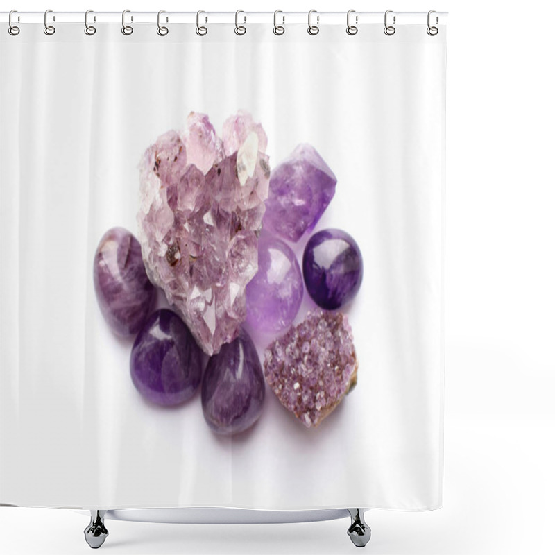 Personality  Beautiful Gemstones And Druses Of Natural Purple Mineral Amethyst  On A White Background. Large Crystals Of Semi-precious Stones. Shower Curtains