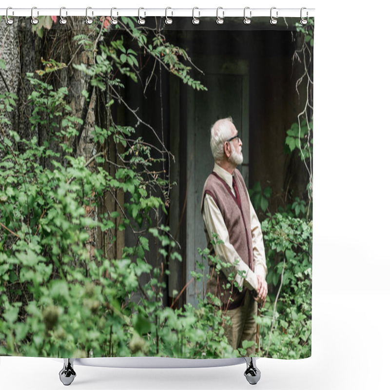 Personality  Selective Focus Of Retired Man In Glasses Standing With Walking Stick Near House  Shower Curtains