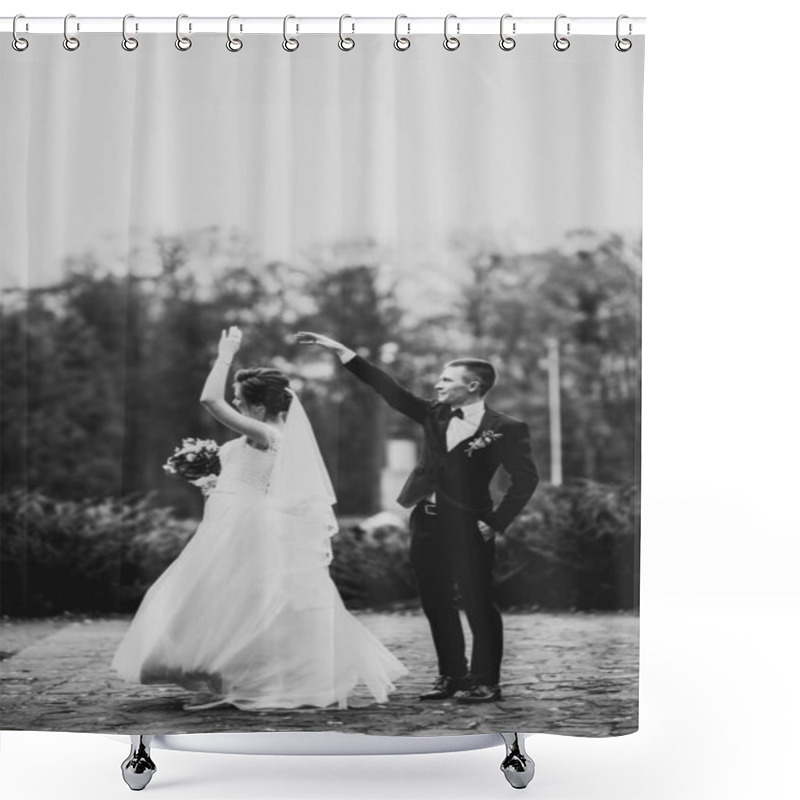 Personality  Happy Beautiful Newlyweds Dancing In The Park. Shower Curtains