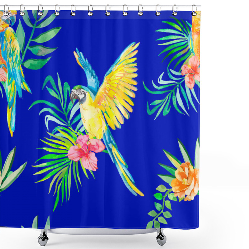 Personality  Macaw Seamless Pattern. Palm Leaves And Tropical Flower, Camellias. Tropical Parrot. Exotic. Shower Curtains