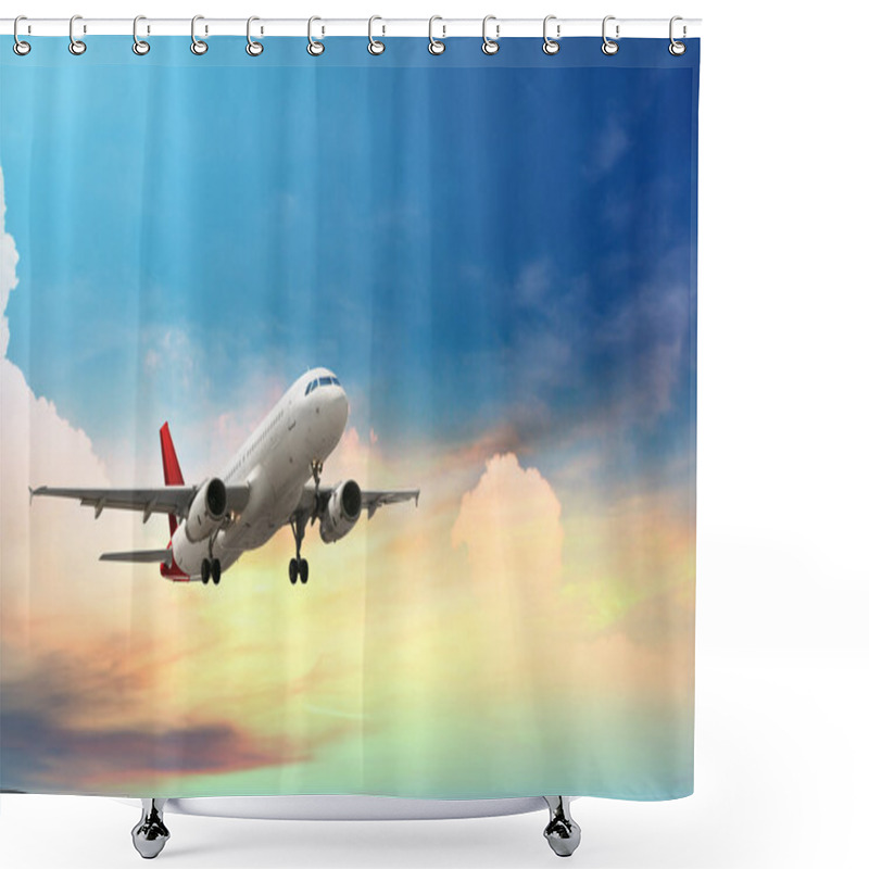 Personality  Airplane Flying Above Tropical Sea At Sunset Shower Curtains