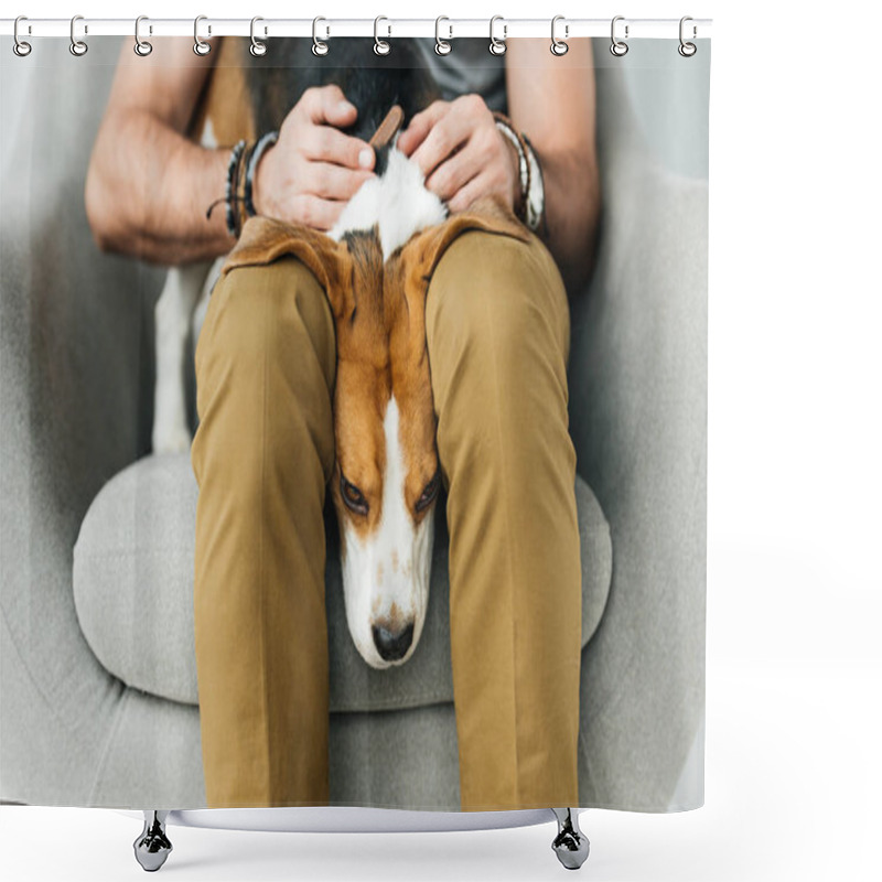 Personality  Cropped Image Of Cute Beagle Lying Between Man Legs Shower Curtains