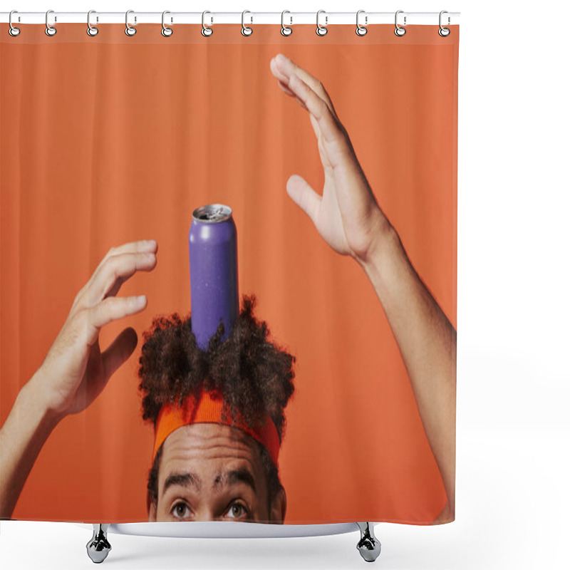 Personality  Purple Soda Can On Head Of Curly African American Man With Headband On Orange Background, Gesture Shower Curtains