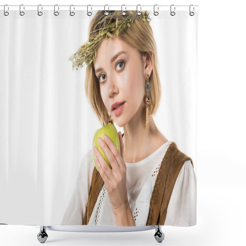 Personality  Charming Hippie Girl Holding Green Apple Isolated On White Shower Curtains