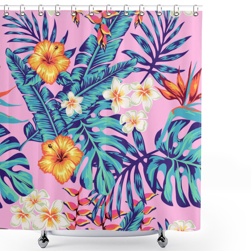 Personality  Tropical Background With Palm Leaves And Exotic Flowers And Buds Of Plants, Suitable For The Design Of Postcards, Packaging Or Fabric Decoration. Shower Curtains