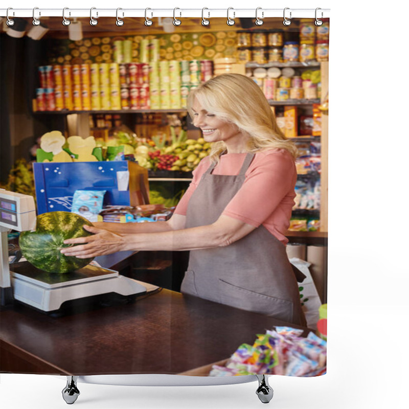 Personality  Cheerful Mature Female Seller Weighing Fresh Delicious Watermelon At Cash Counter At Grocery Store Shower Curtains