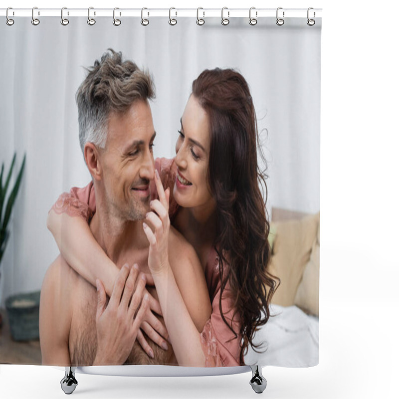 Personality  Smiling Woman In Silk Robe Touching Nose Of Shirtless Husband In Bedroom  Shower Curtains