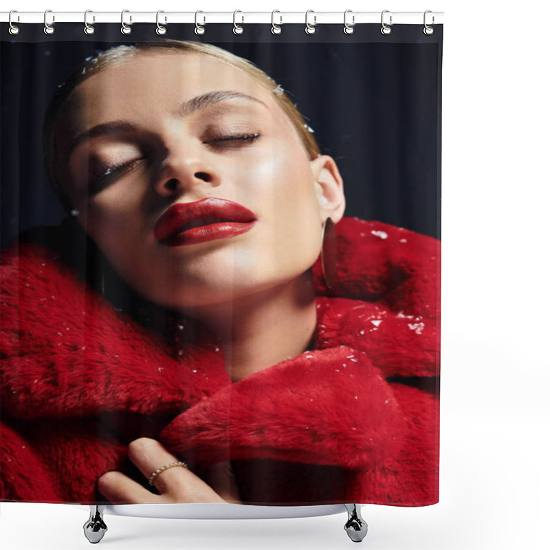 Personality  A Young Woman In A Cozy Red Coat Relaxes Amid Soft Snowflakes. Shower Curtains