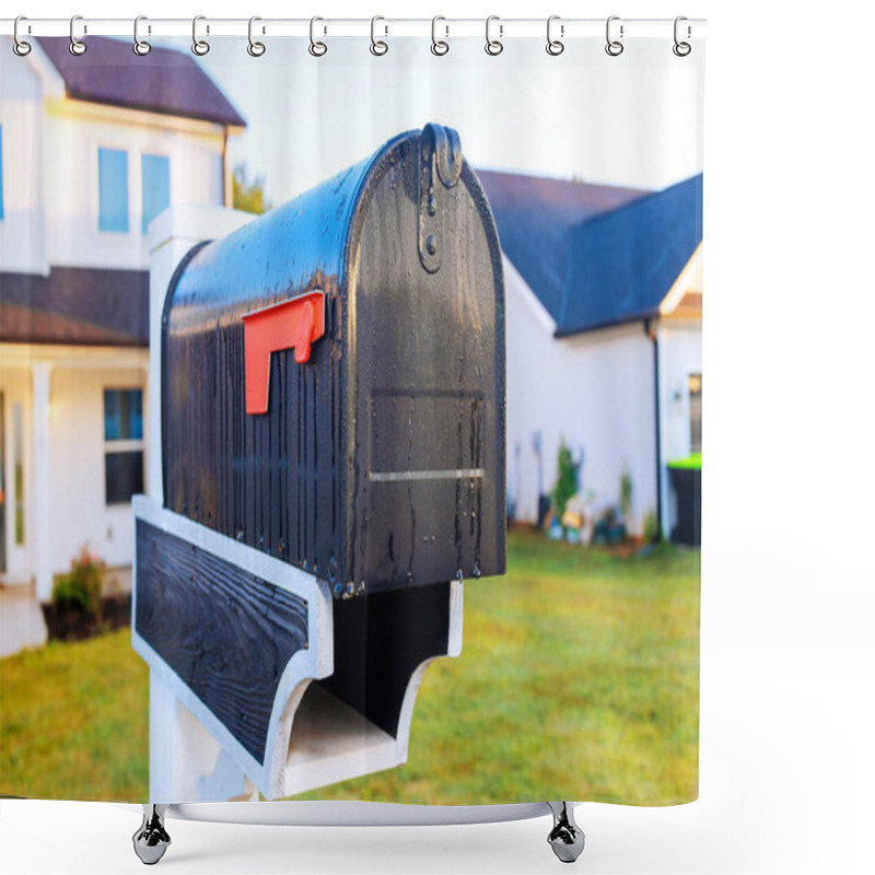 Personality  Black Mailbox With Red Flag Sits In Front Of Well Kept Lawn At Suburban Residence In Morning Light. Shower Curtains