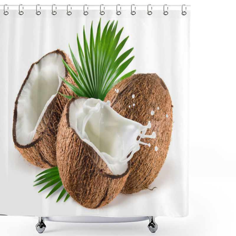 Personality  Coconuts With Milk Splash And Leaf On White Background Shower Curtains