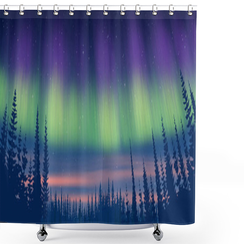 Personality  Fantasy On The Theme Of The Northern Landscape. Dusk And Polar Lights. Forest And Sunset Light. Vector Illustration, EPS10. Shower Curtains