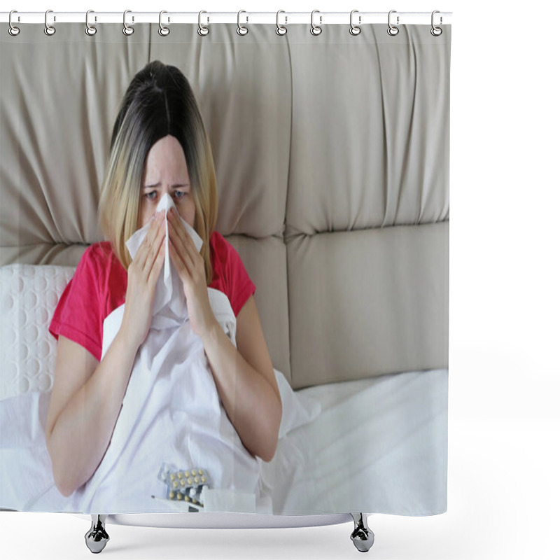 Personality  Woman Blowing Her Nose In A Handkerchief Sitting In A Bed. Unhappy Girl Suffering From Runny Nose, Concept Of Sick At Home, Colds And Flu, Fever Shower Curtains