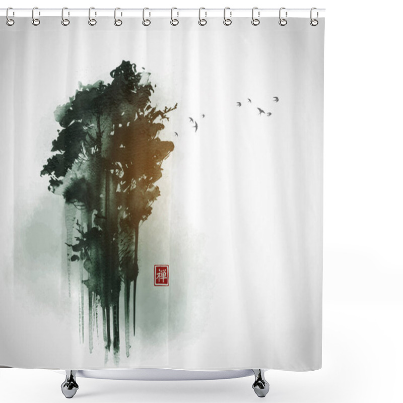 Personality  High Green Forest Trees And Flock Of Birds N In Fog. Traditional Oriental Ink Painting Sumi-e, U-sin, Go-hua. Translation Of Hieroglyph - Zen. Shower Curtains