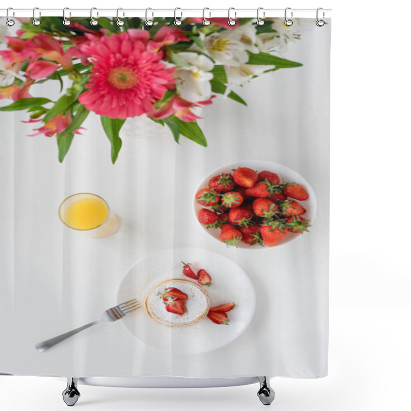 Personality  Top View Of Tasty Pancakes With Strawberries And Flowers In Vase Shower Curtains