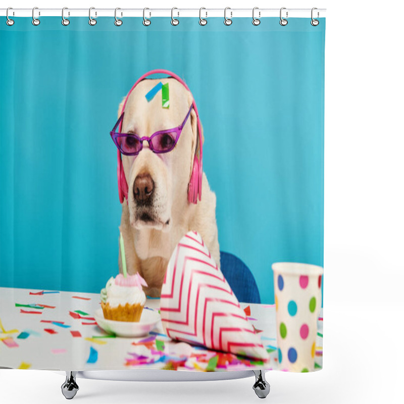 Personality  A Playful Dog Wearing Glasses And A Birthday Hat, Ready For A Fun Celebration In A Studio Setting. Shower Curtains