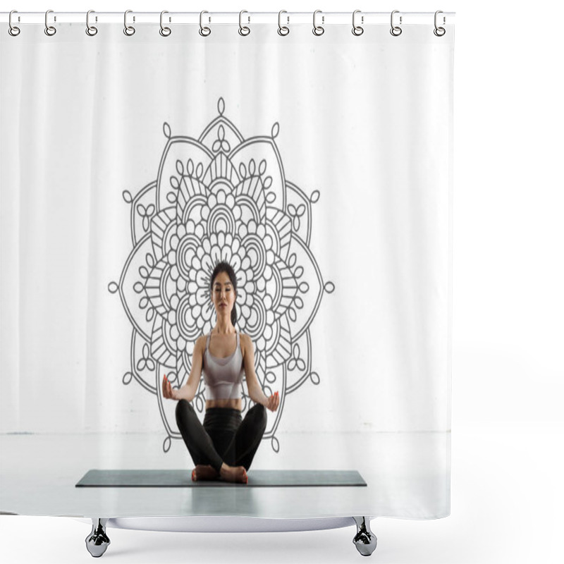 Personality  Calm Thai Woman Practicing Yoga On Yoga Mat Near Mandala Ornament On White  Shower Curtains