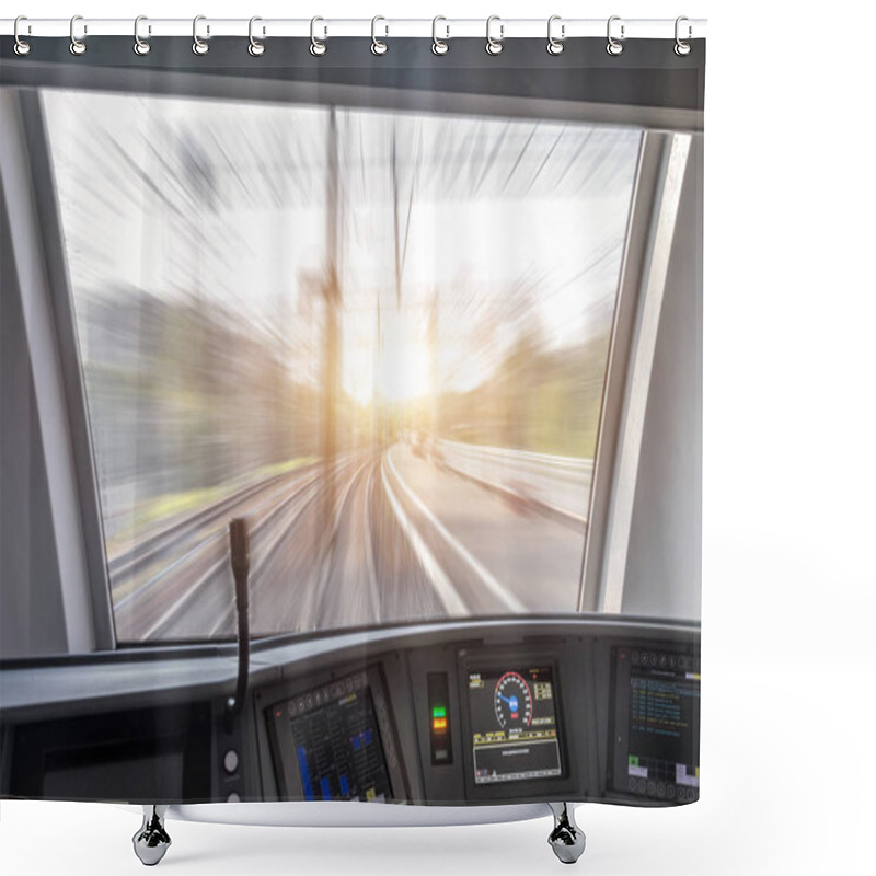 Personality  View From The Cabin Of The Passenger Train To The Railway And Turn At The Speed Of Movement. Shower Curtains